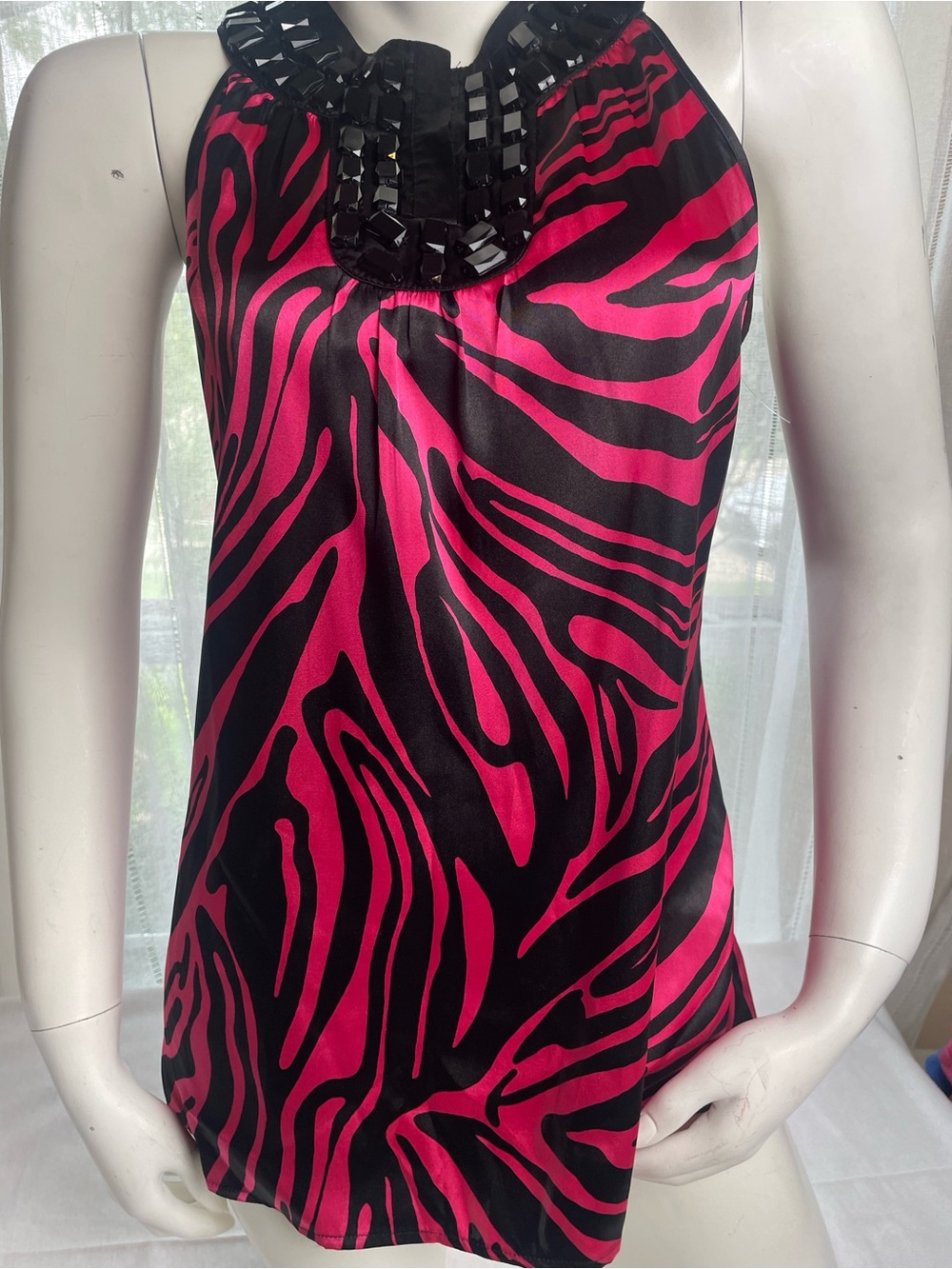 Michael Kors Pink & Black Zebra Print Beaded Halter Camisole